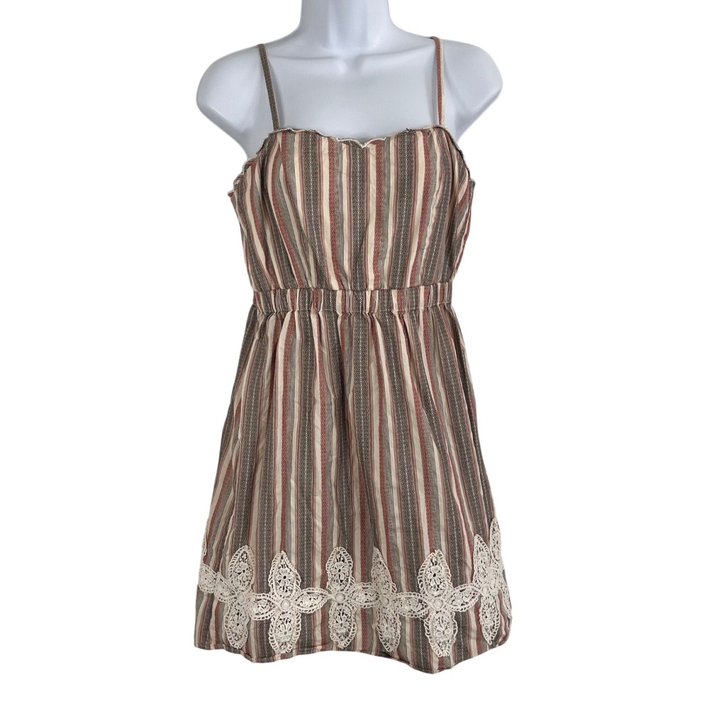 Anthropologie THML Women's S Striped Cotton Mini Sun Dress Boho Crochet Lace Hem